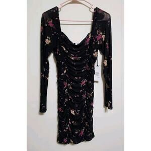 Leith Women's Dress Ruched Sheer Long Sleeve Black Floral Size Large